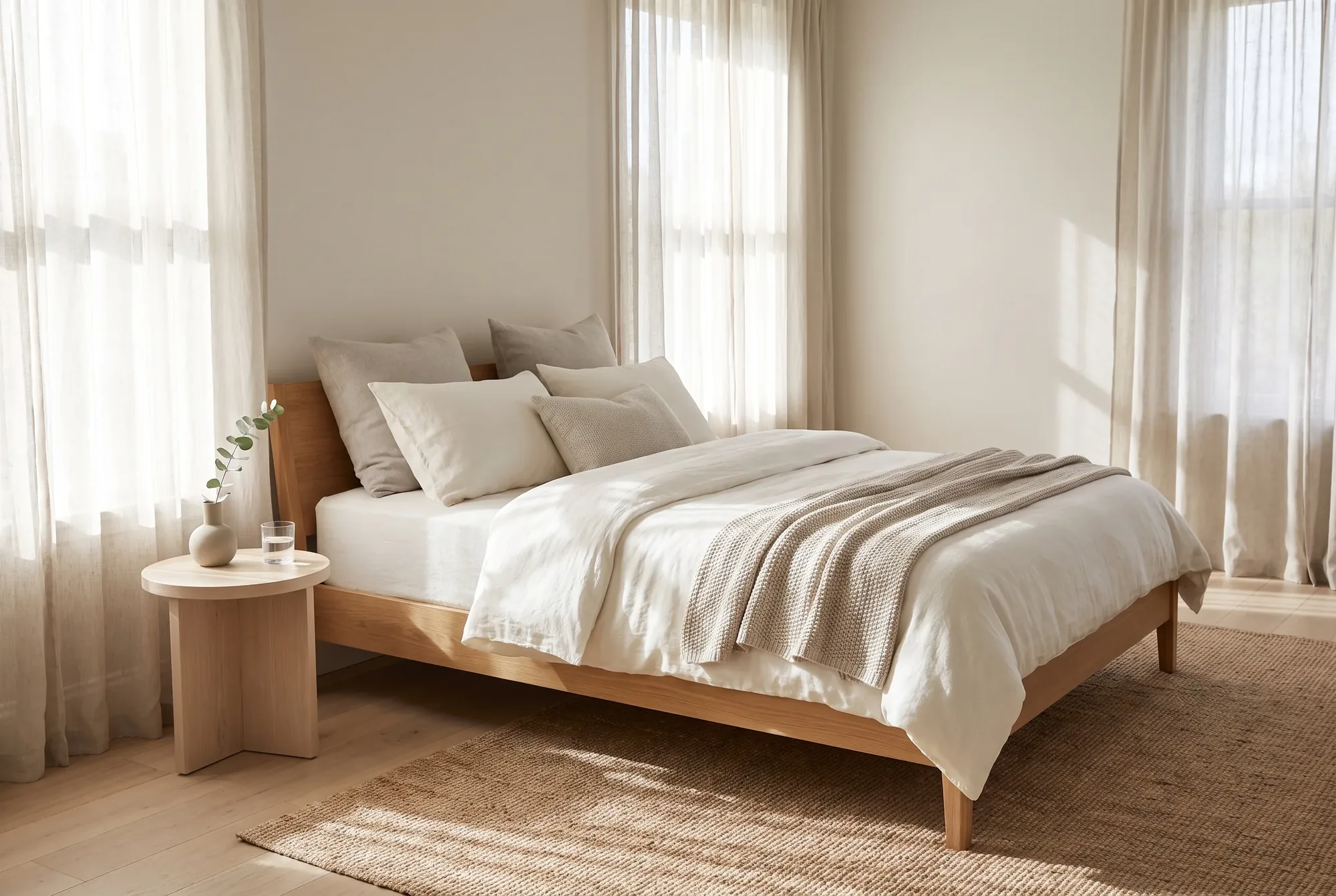 Soft morning light across a made bed, the restful feeling the sleep workshop is about