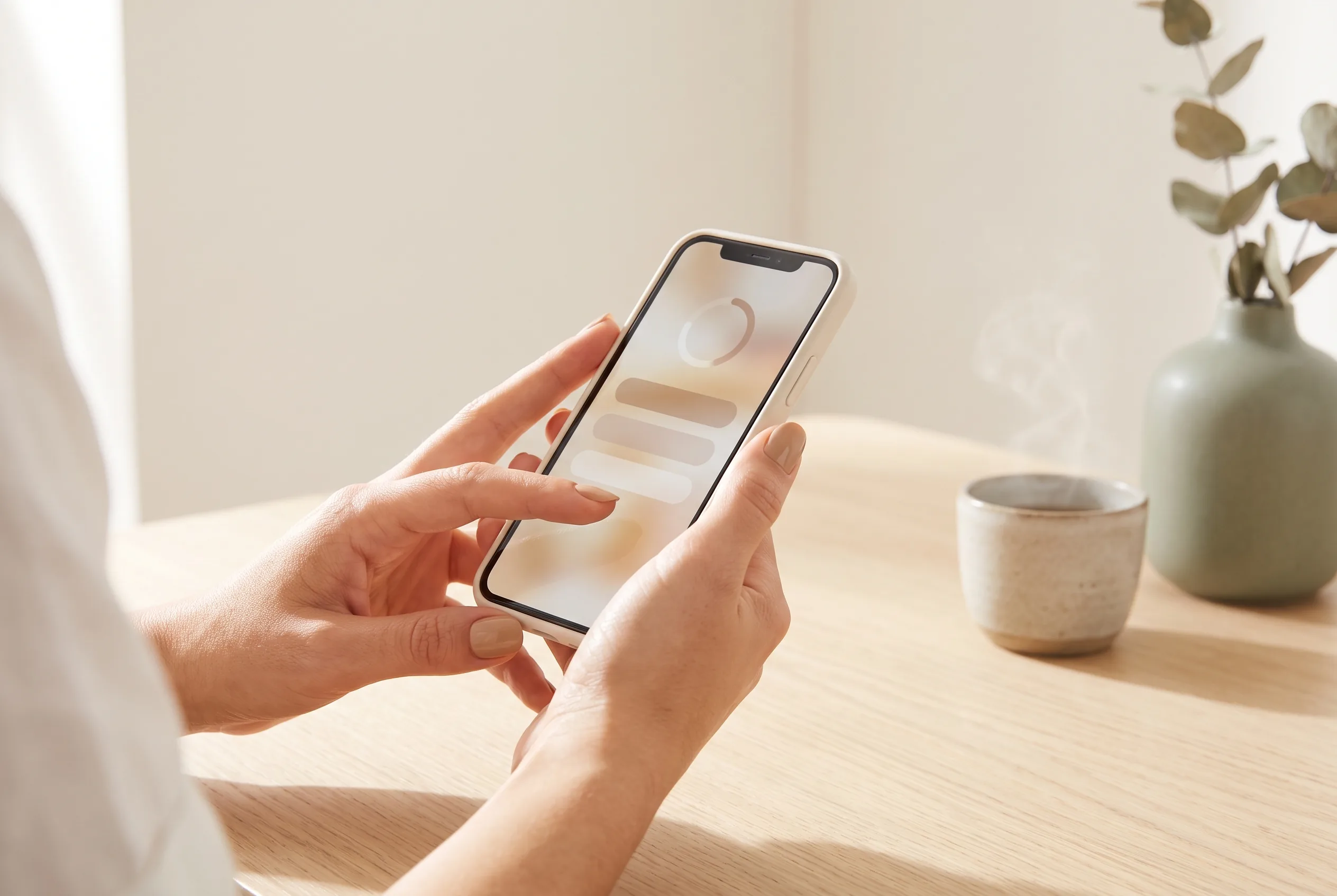 Hands holding a phone with the hormone quiz, in warm morning light